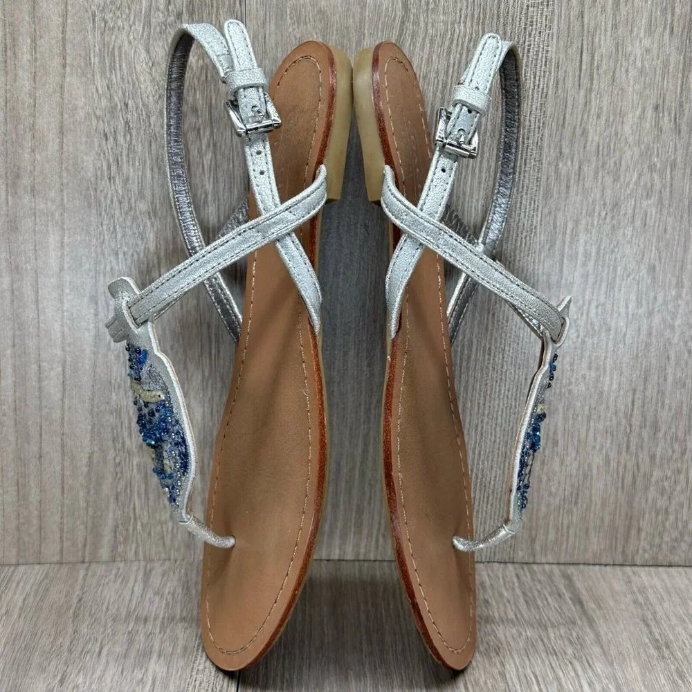 Coach Sandals Womens 7B Olga Embellished T-Strap Slingback Flats Leather Silver